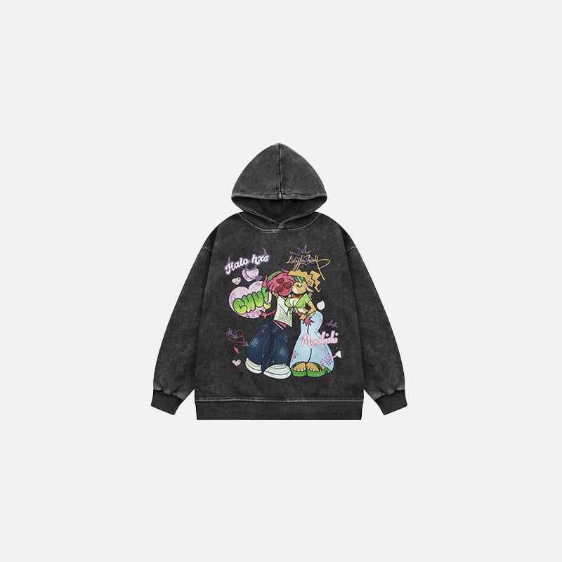 Front view of the black Retro Romance Graffiti Hoodie in a gray background