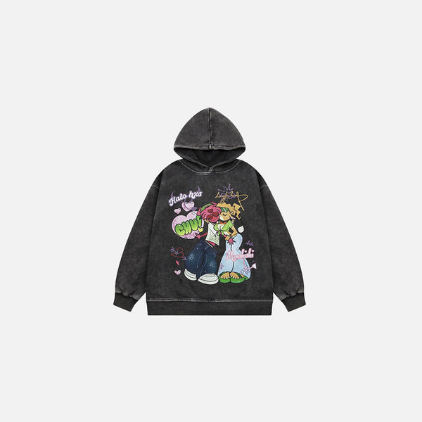 Front view of the black Retro Romance Graffiti Hoodie in a gray background