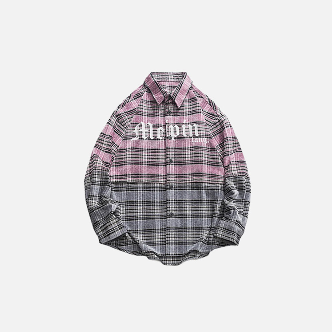 Front view of the pink Urban Plaid Shirt in a gray background