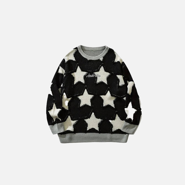 Front view of the black Y2K Stellar Knit Sweater in a gray background