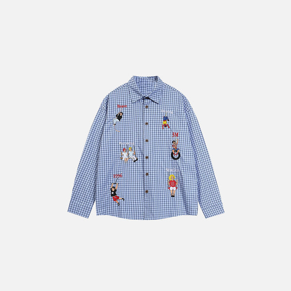 Front view of the blue Characters Checkered Shirt in a gray background