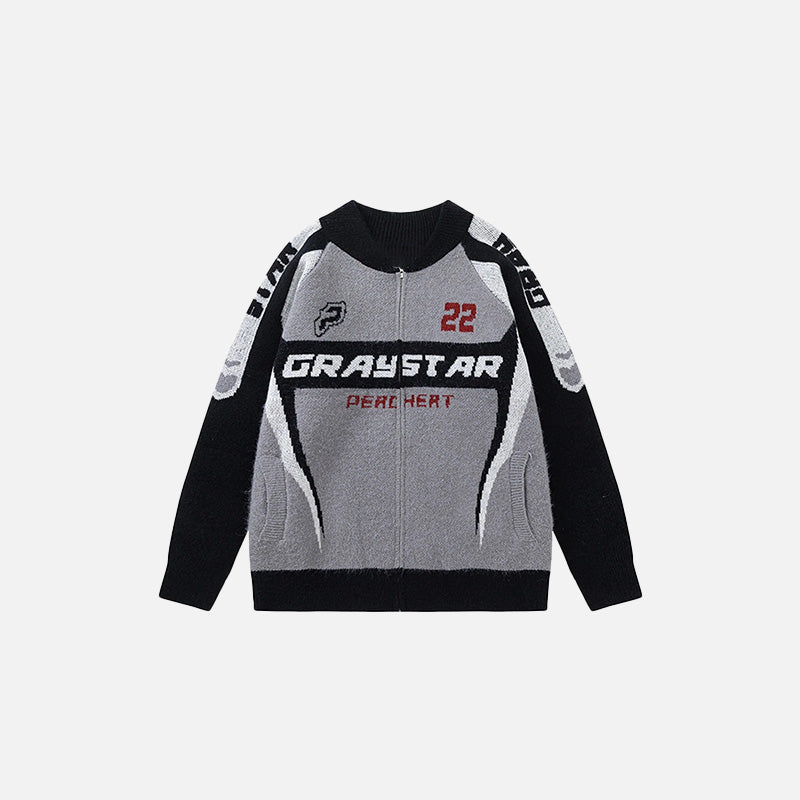 Front view of the gray Turbo Drive Sweater in a gray background