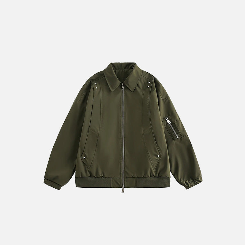 Front view of the army green Urban utility Bomber Jacket in a gray background