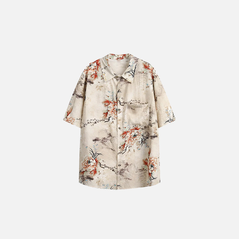 Front view of the beige Women's Floral Elegant Shirt in a gray background