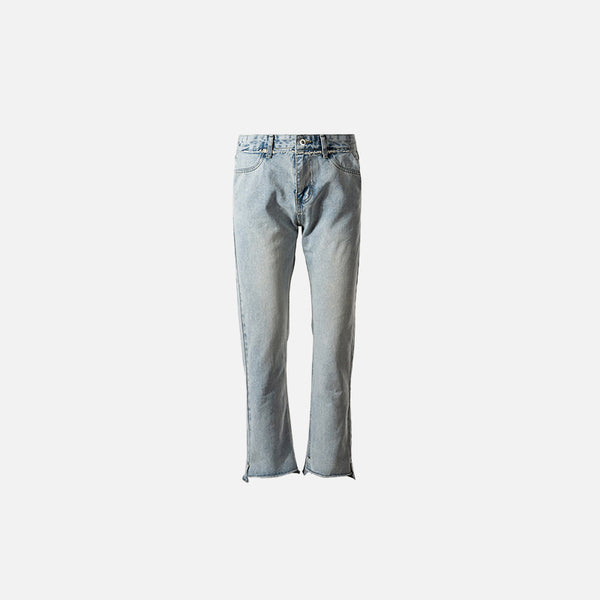 Front view of the light blue Stylish Light-Wash Flared Jeans in a gray background