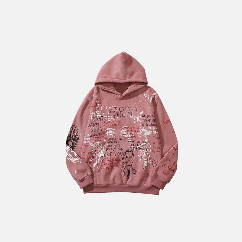 Front view of the pink Chaos Theory Graphic Hoodie in a gray background