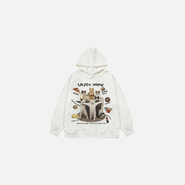 Front view of the white Playful Cats Graphic Hoodie in a gray background