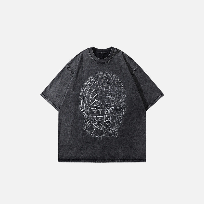 Front view of the black Labyrinth Mind Oversized Gothic T-shirt in a gray background