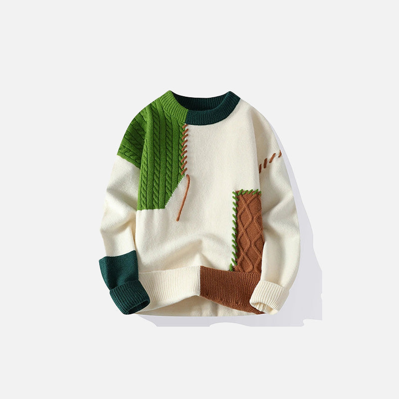 Front view of the green Patchwork Knit Sweater in a gray background