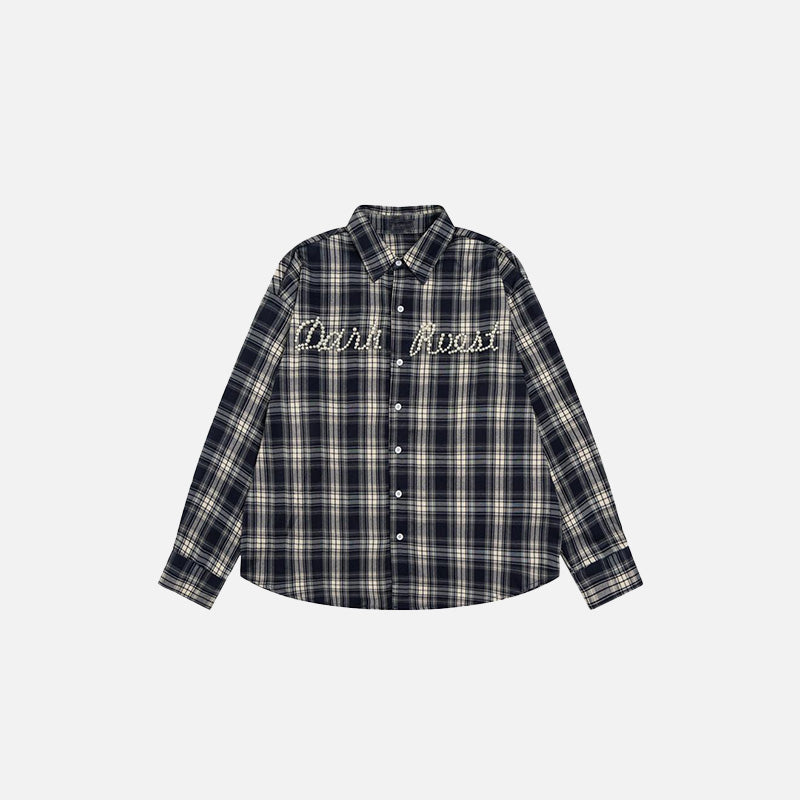 Front view of the black Plaid Button-Up Shirt in a gray background