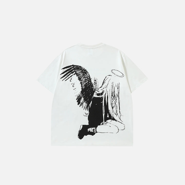 Back view of the white Loose Angel Wings Graphic T-shirt in a gray background