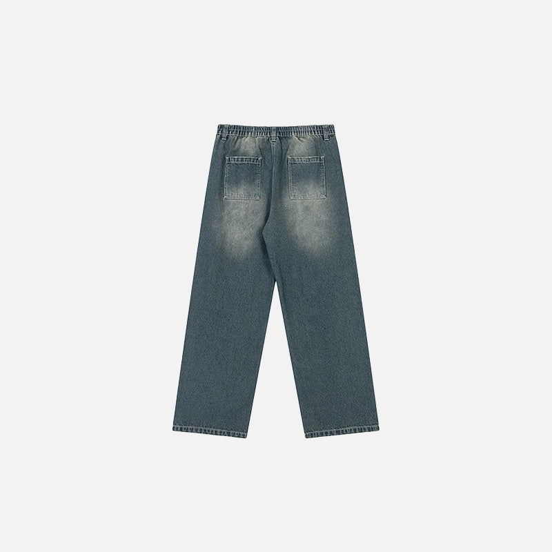 Back view of the blue Vintage Distressed Wide-Leg Jeans in a gray background