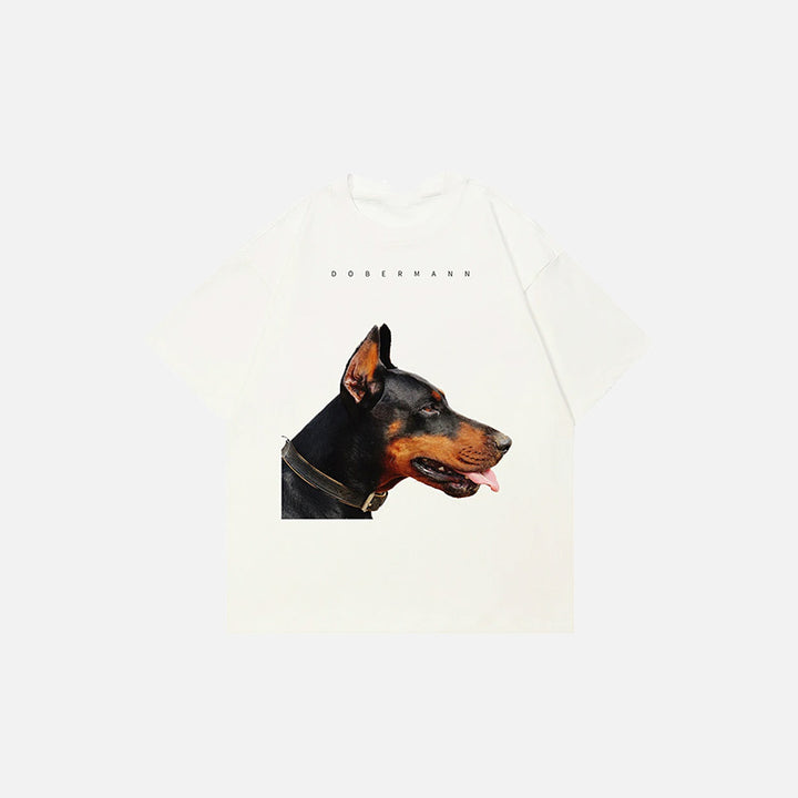 Front view of the white Casual Doberman Graphic T-shirt in a gray background