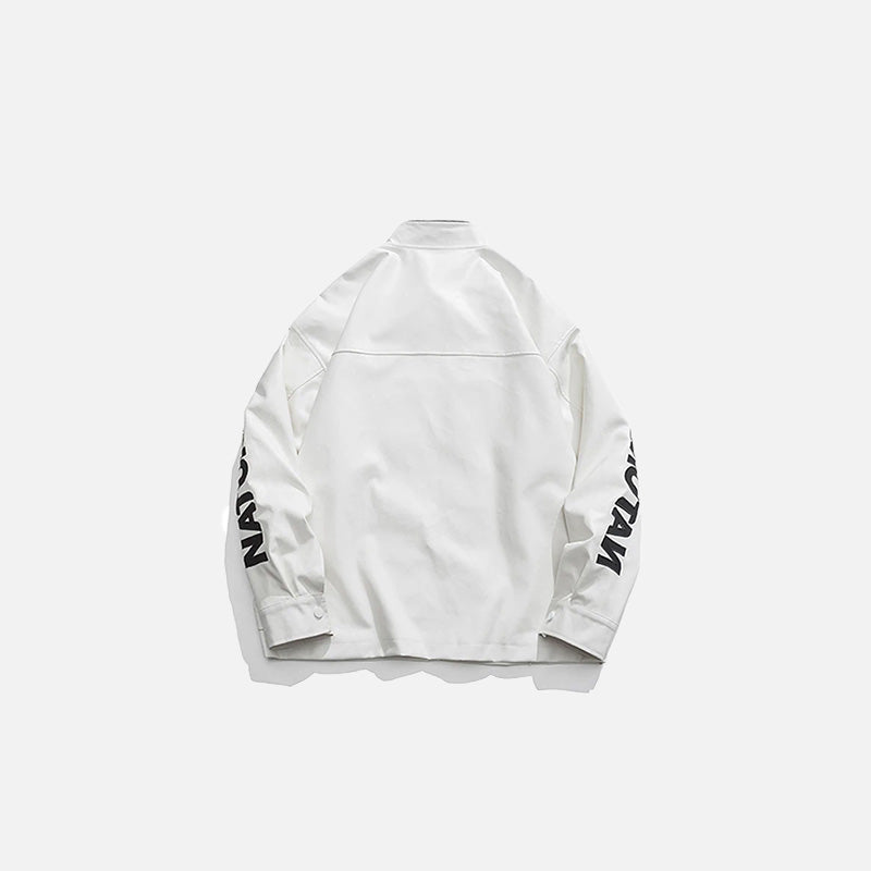 Back view of the white Galactic Drift Jacket in a gray background