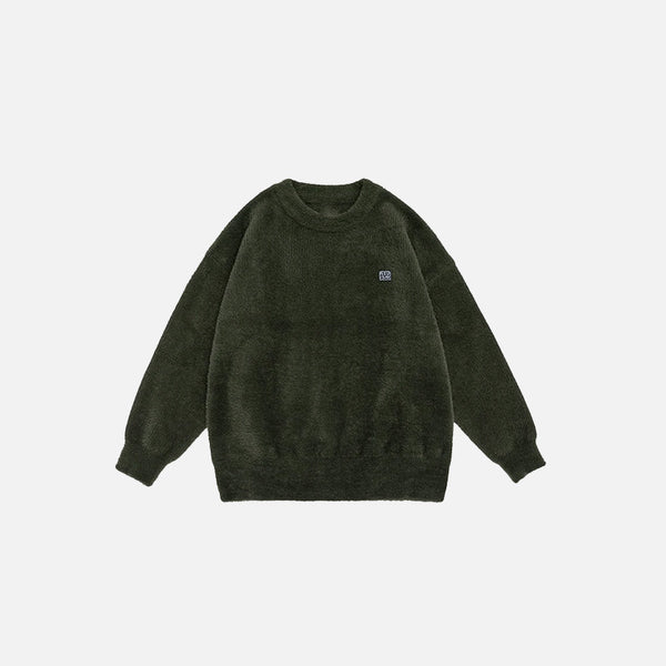 Front view of the green Classic Cozy Knit Sweatshirt in a gray background