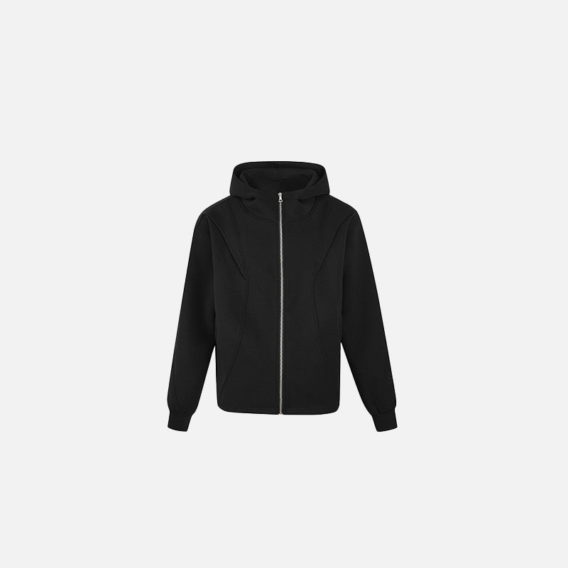 Front view of the black Minimalist Zip-Up Hoodie in a gray background