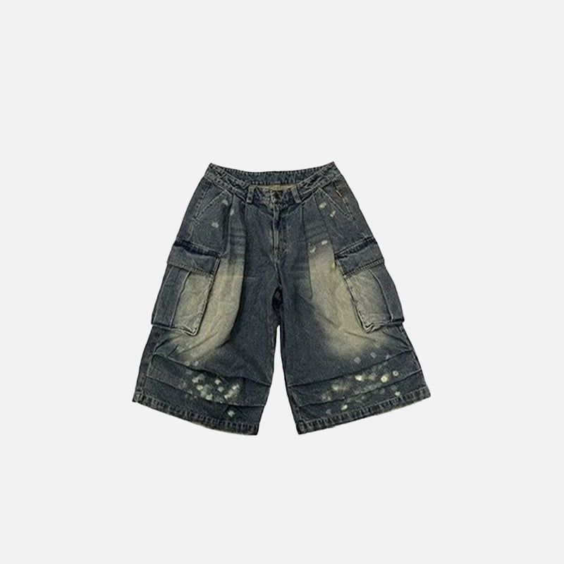 Front view of the blue Urban Distressed Cargo Shorts in a gray background