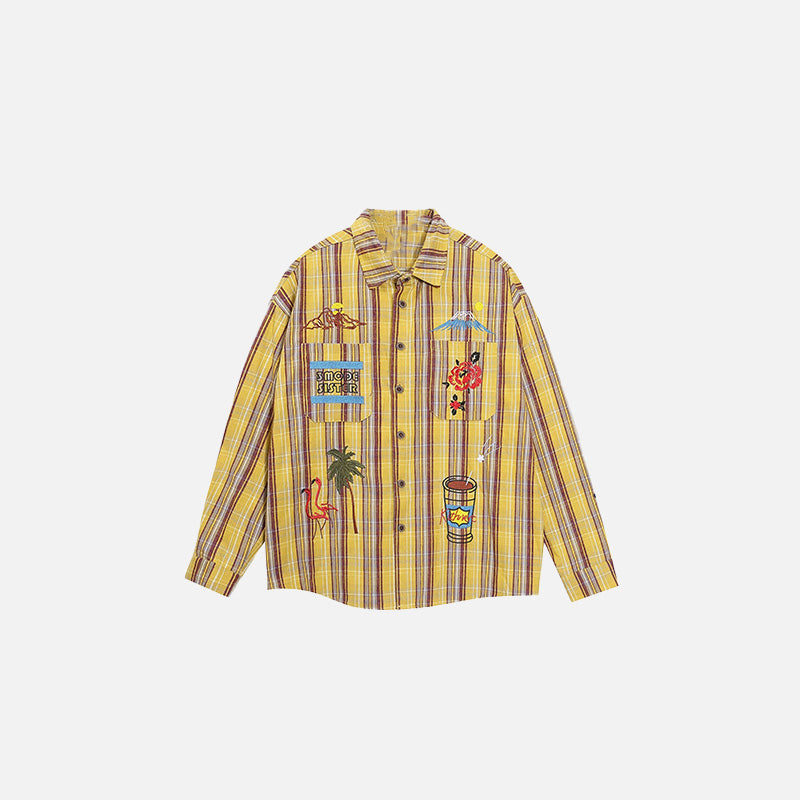 Front view of the yellow Island Vibes Patchwork Shirt in a gray background