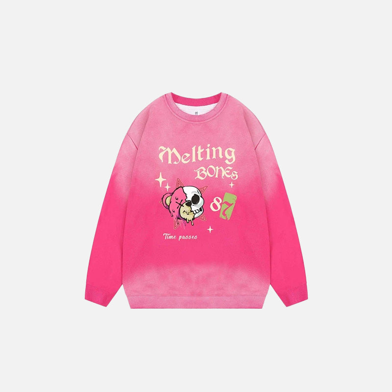 Front view of the pink Mystic Melting Bones Sweatshirt in a gray background