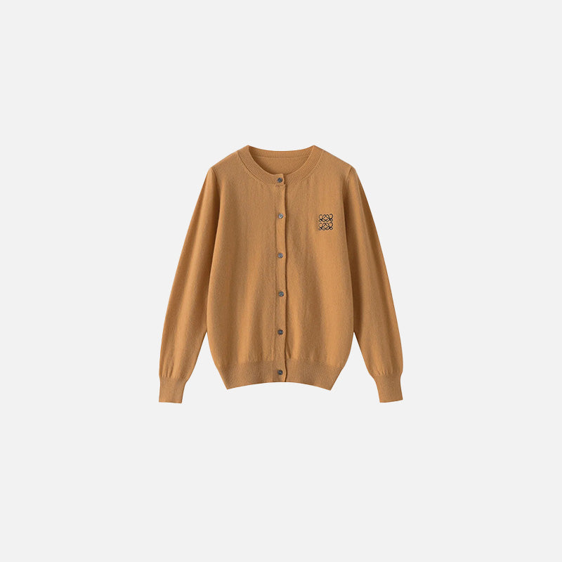 Front view of the khaki Timeless Button-Up Sweater in a gray background