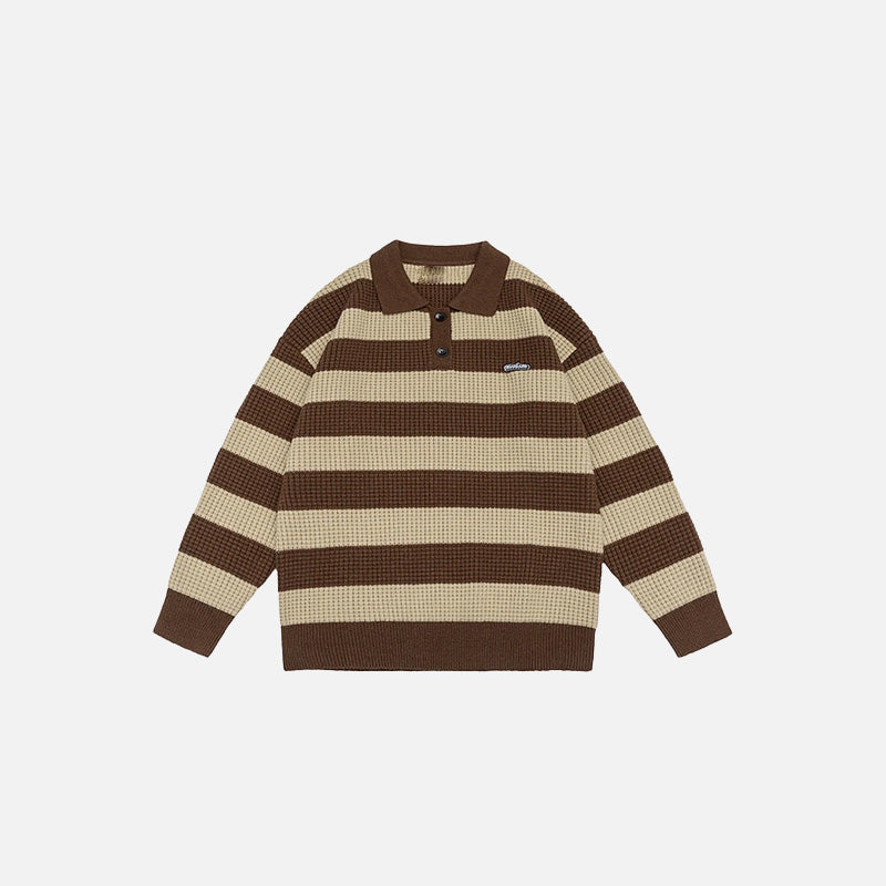 Front view of the brown Classic Striped Polo Sweatshirt in a gray background