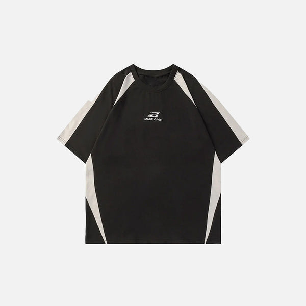 Front view of the black Y2K Embroidery Patchwork Sports T-shirt in a gray background