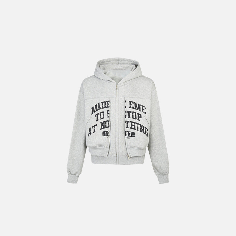 Front view of the gray Motivational Zip-Up Hoodie in a gray background