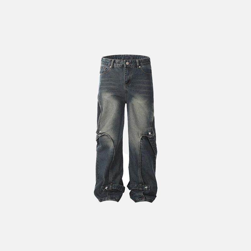 Front view of the blue Adjustable Strap Utility Jeans in a gray background