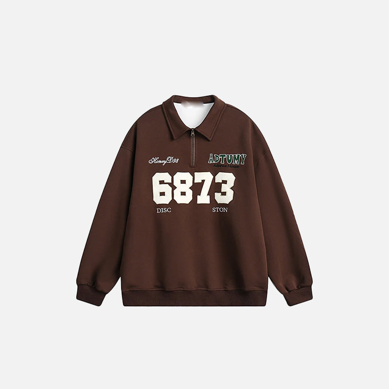 Front view of the brown Y2K Loose Sports Sweatshirt in a gray background