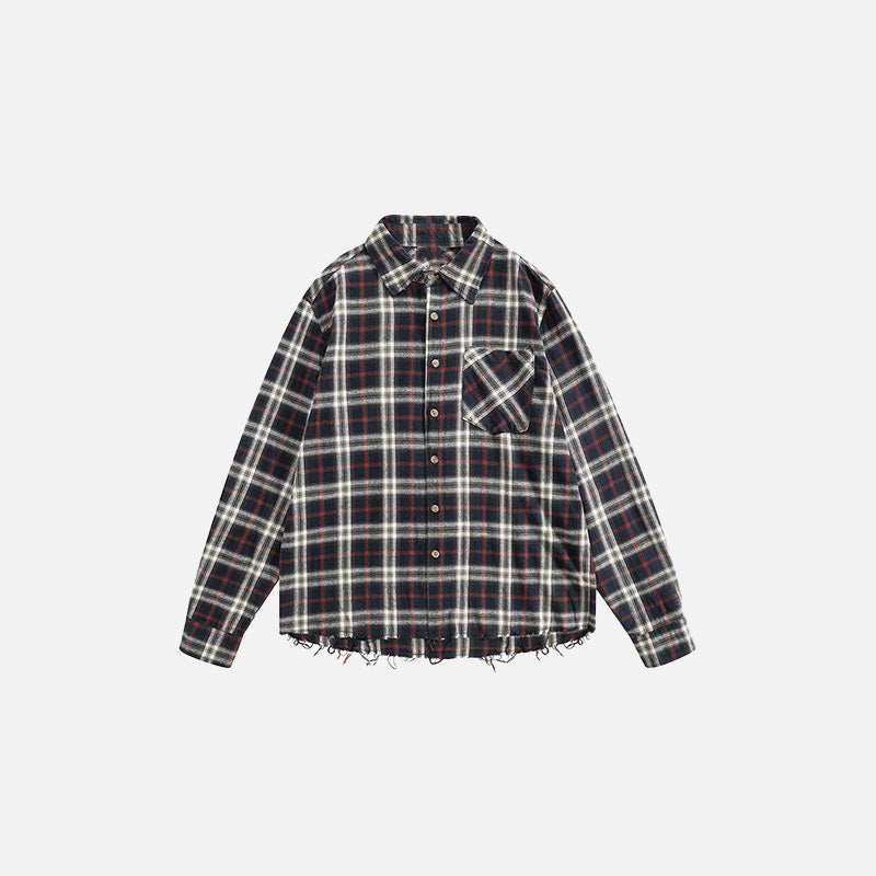 Front view of the blue Distressed Plaid Button-Up Shirt in a gray background