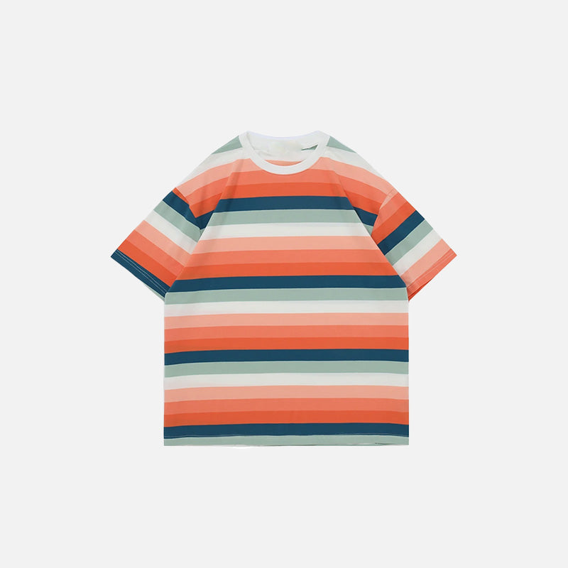 Front view of the green Pastel Rainbow Stripes T-shirt in a gray background