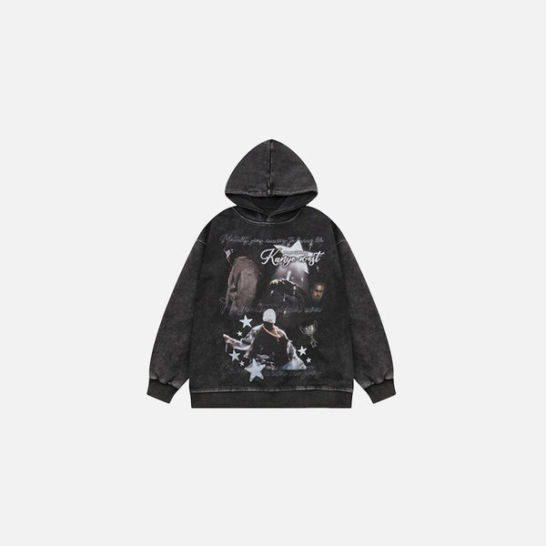 Front view of the black Cosmic Icons Hoodie in a gray background