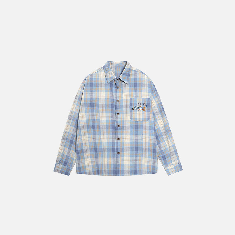 Front view of the blue Plaid Button-Up Shirt in a gray background