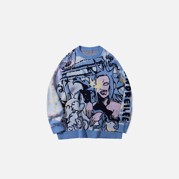 Front view of the blue Cartoon Graphic Sweater in a gray background