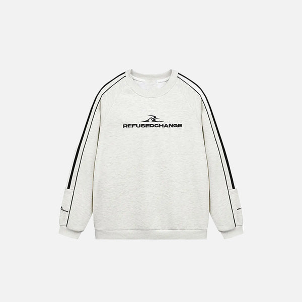 Front view of the white Defiant Stride Sweatshirt in a gray background