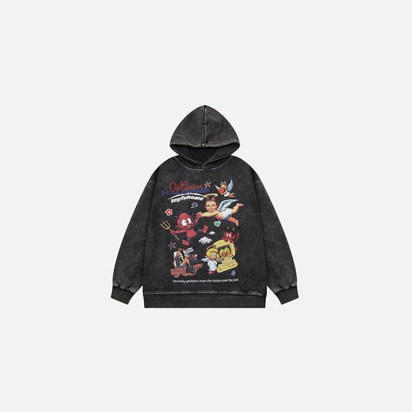 Front view of the black Nostalgic Animation Hoodie in a gray background