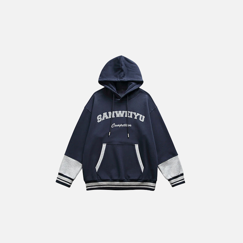 Front view of the navy blue Casual Varsity Oversized Hoodie in a gray background