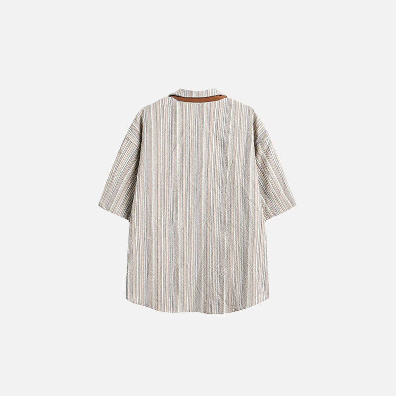 Back view of the coffee Women's Oversized Striped Shirt in a gray background