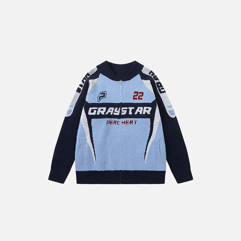 Front view of the blue Turbo Drive Sweater in a gray background