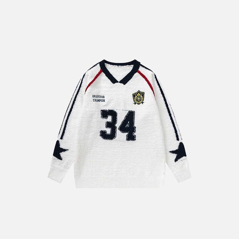 Front view of the white Craystar Champion Jersey Sweater in a gray background