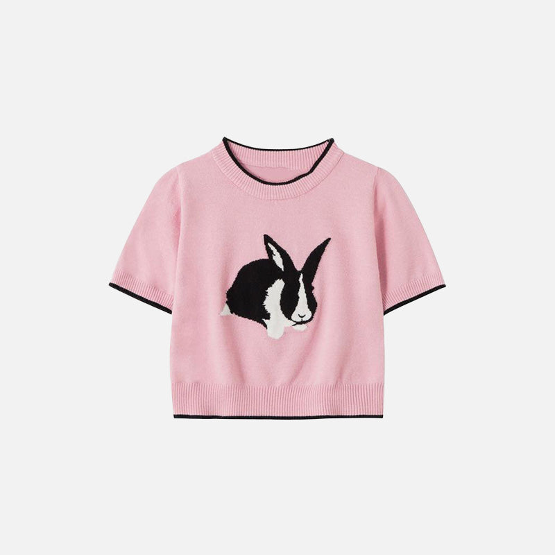 Front view of the pink Women's Bunny Bliss Cropped T-shirt in a gray background