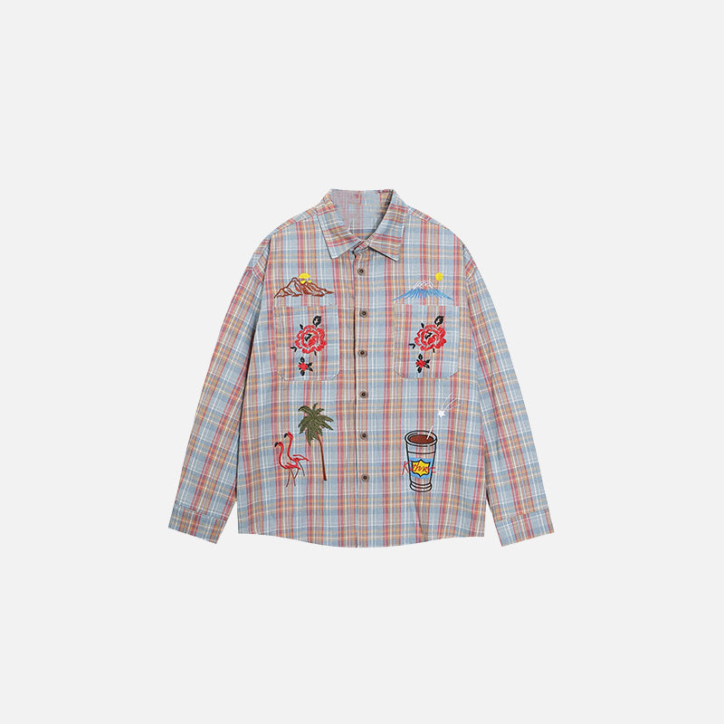 Front view of the light blue Island Vibes Patchwork Shirt in a gray background