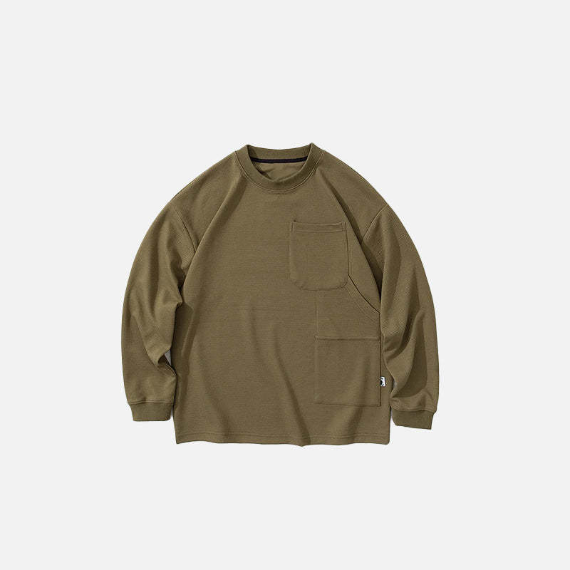 Front view of the army green Timeless Pocket Sweatshirt in a gray background