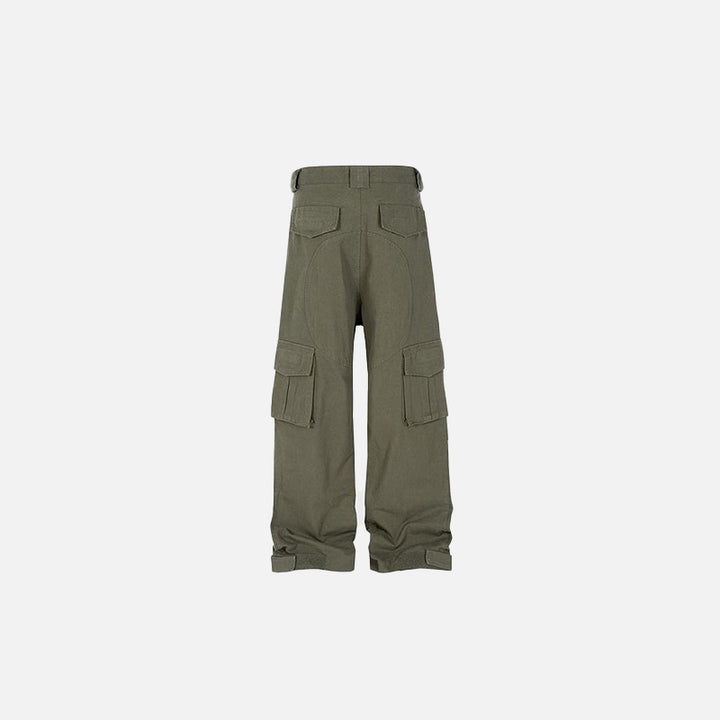 Back view of the army green Vintage Multi-pocket Cargo Pants in a gray background