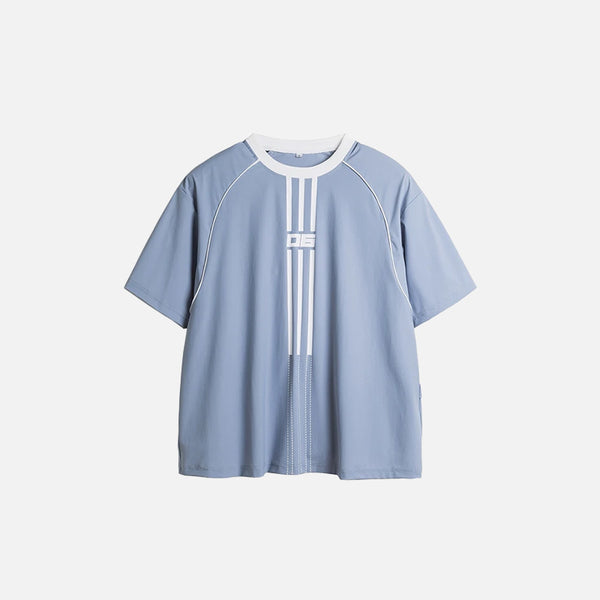 Front view of the light blue Retro Raglan Striped T-shirt in a gray background