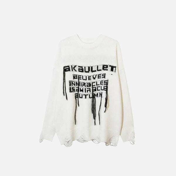 Stitched Tassel Ripped Knitted Sweater