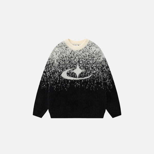 Front view of the black Stellar Splash Sweater in a gray background