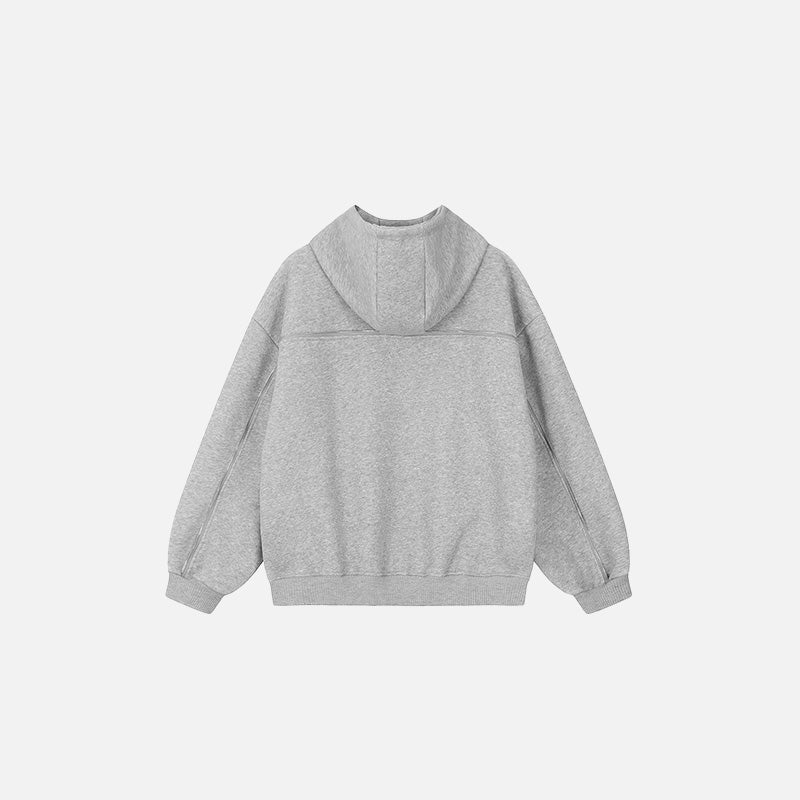 Back view of the gray Curved Seam Zip-Up Hoodie in a gray background