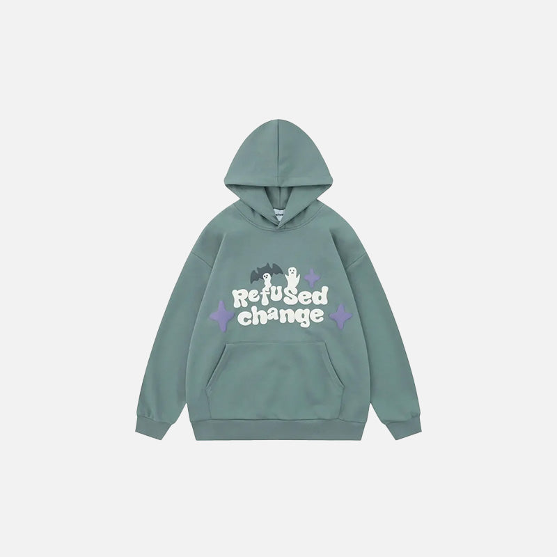 Front view of the sky blue Refused Change Graphic Hoodie in a gray background