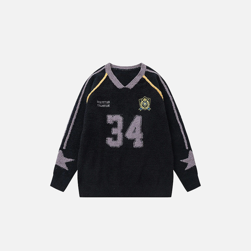 Front view of the black Craystar Champion Jersey Sweater in a gray background